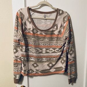 C&S tan brown orange earthy tribal southwestern print long sleeve top size M